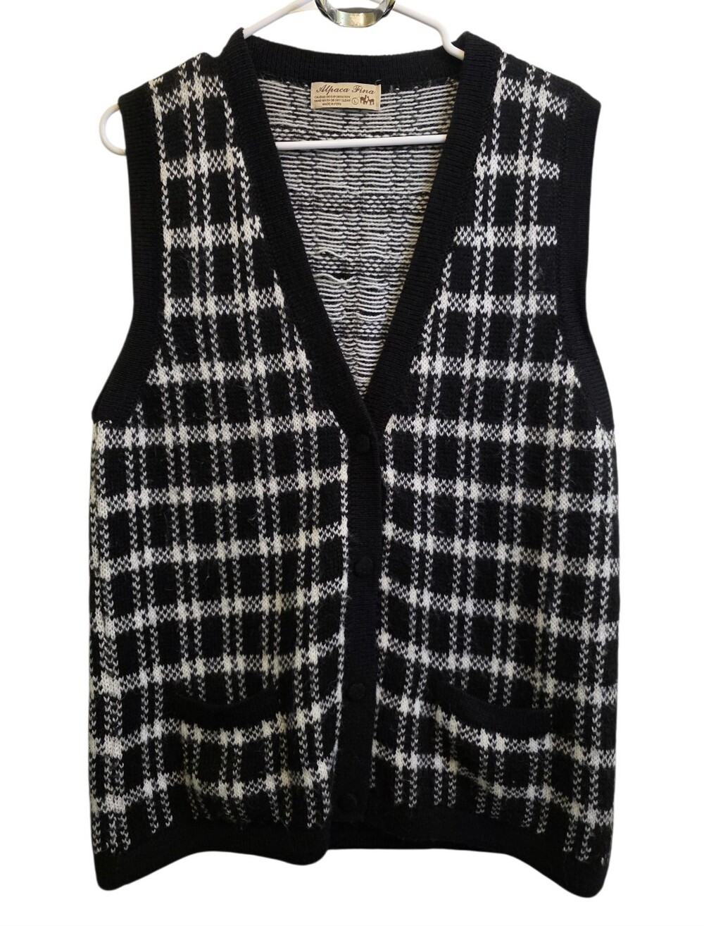 Alpaca Fina Black & White Plaid Handmade Soft Sweater Vest Buttons & Pockets L